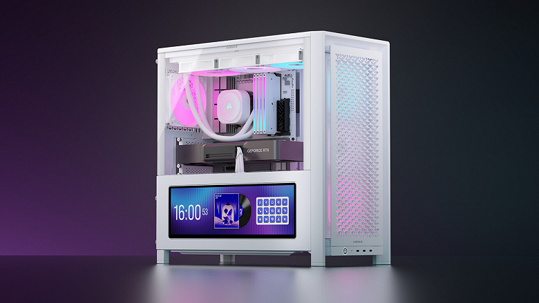 У этого ПК-корпуса огромный 14-дюймовый экран, который можно использовать вместо монитора. Представлен Corsair Frame 4000D LCD RS ARGB