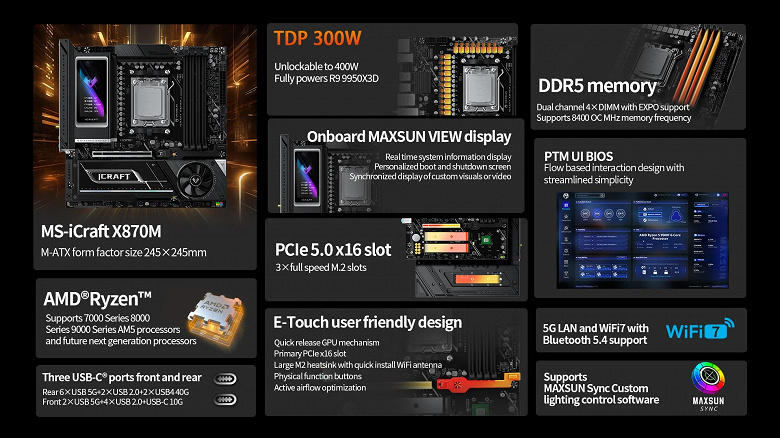 Стиль &laquo;тотал блэк&raquo;, три слота для SSD PCIe 5.0, большой экран, кулер и поддержка 400-ваттных CPU. Maxsun представила плату iCraft X870M