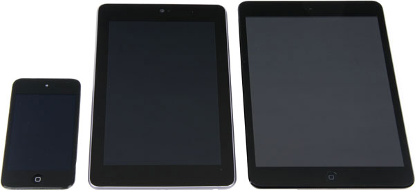Фронтальная сторона iPad mini, Google Nexus 7 и iPod touch